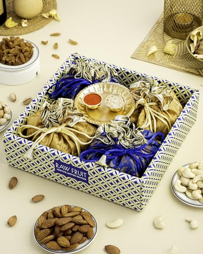 Image of Hyperfoods Rakhi Hamper for Brother Rawfruit's Handcrafted Potli Blue with Thali Roli & Rice Dry Fruits Pack of 4 Almond Cashew Raisins Pistachios 495 Gr Rakhi with DryFruits