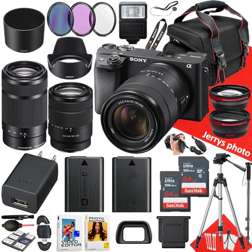 Sony a6400 Mirrorless Camera with Sony E 18-135mm f/3.5-5.6 OSS Lens and Sony E 55-210mm f/4.5-6.3 OSS + 2PC 64 GB Memory + Spider Tripod + Case + Extra Battery + More (36pc Bundle) (Renewed)