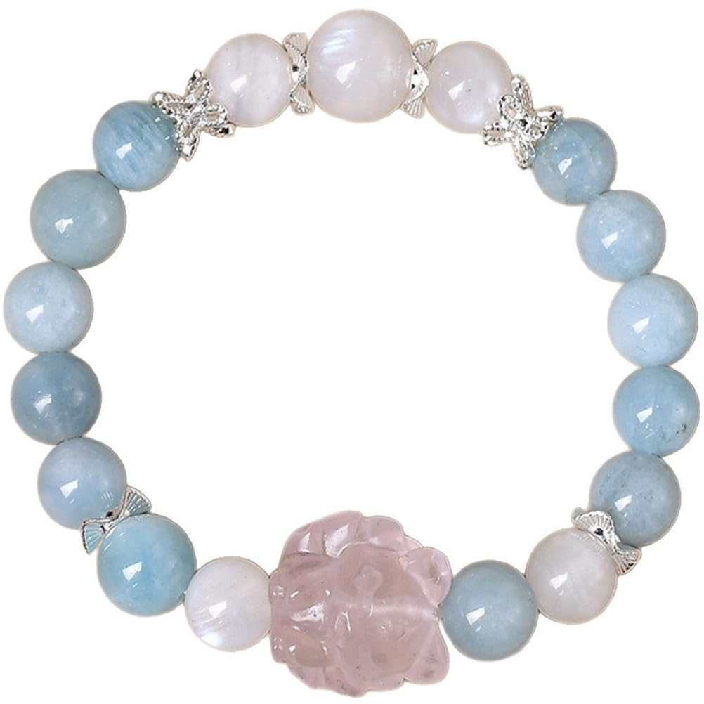 Bracciale con Acquamarina curativa Naturale al Quarzo Rosa, bracciali Elasticizzati con Pietre preziose autentiche per Donne Uomini Unisex, Cristalli di energia Naturale Perline