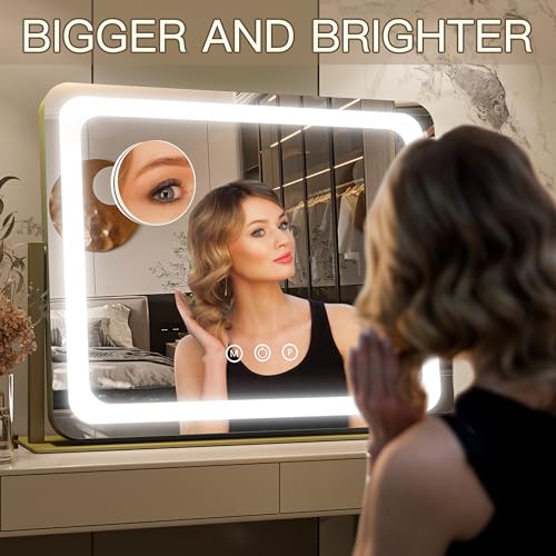 Image of FENNIO Gold Vanity Mirror with Lights 22 inchx19 inch, LED Lighted Makeup Mirror, Large Makeup Mirror, Make up Mirror with Lighting,Touch Screen with 3-Color Lighting,Dimmable,for Vanity Desk Tabletop