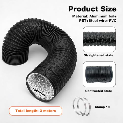 Image of HASTHIP 6 Inch 9.8 Feet Chimney Exhaust Pipe - Flexible Insulated Air Ducting Expandable Dryer Vent Hose with Free Hose Clamps Air Ducting for HVAC Ventilation, Black
