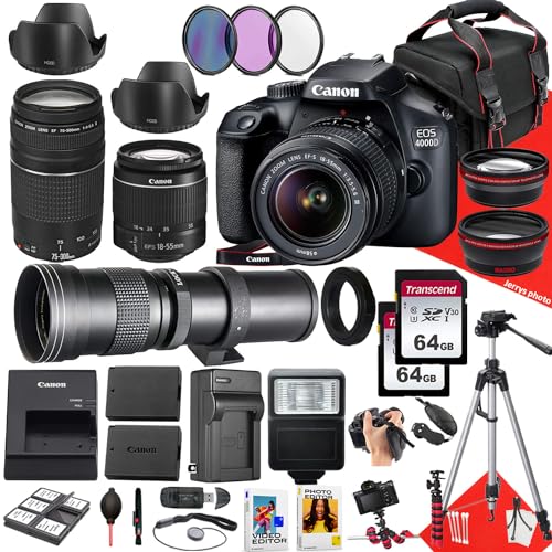 Canon EOS 4000D / Rebel T100 DSLR Camera with Canon EF-S 18-55mm F/3.5-5.6 DC III Zoom, EF 75-300mm f/4-5.6 III and 420-800mm f/8.3 HD Lens + 128 GB Memory + Filters + More (34pc Bundle) (Renewed)