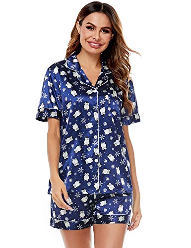 Image of SWOMOG Pajamas Set Short Sleeve Sleepwear Womens Button Down Nightwear Soft Pj Lounge Blue Penguin