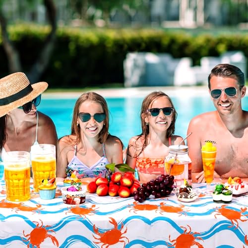 Image of Juexica 2 Pcs 54 x 108 Inch Crab Boil Party Table Cloth Summer Seafood Party Supplies Plastic Crab Tablecover Decorations Rectangular for Sea Animals Dining Kitchen Centerpiece (Blue Waves Style)
