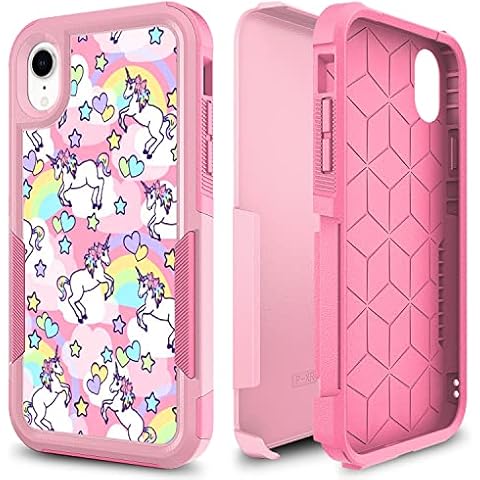 CaseTown Case for iPhone XR, Rainbow Unicorn Design Dual Layer Heavy Duty Shockproof Defender Bumper Back Case Silicone Protective Armor Women Girl Phone Covers for iPhone XR Cover