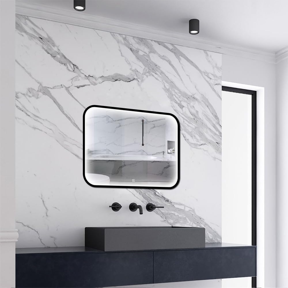 Skybathroom 800x600mm Black Framed Bathroom Mirror with LED Lights Dimmable Demister Touch Sensor Wall Mounted
