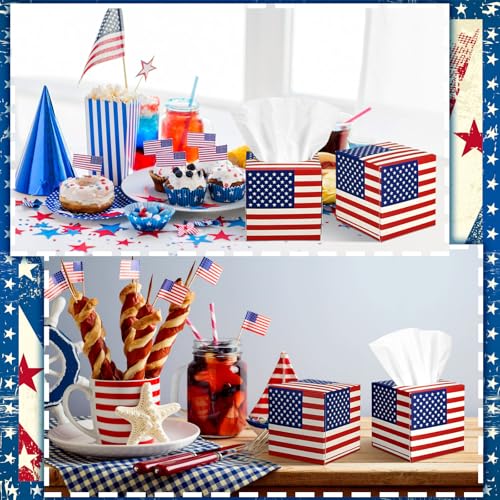 Image of Fourluoo 12 Pcs Patriotic Facial Tissues Cube Face Boxes 600 Sheets 3 Ply Red White Blue Square Tissue Bulk for Veterans Day Independence Car Bedroom Supply(American Flag)