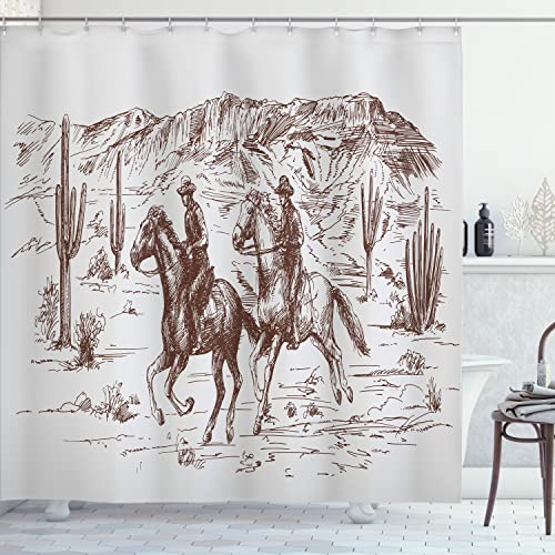Ambesonne Western Shower Curtain, Country Theme Hand Drawn Illustration of American Wild West Desert with Cowboys, Cloth Fabric Bathroom Decor Set with Hooks, 69