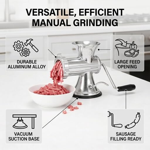 Manueller Fleischwolf aus Aluminiumlegierung, Handbetrieb mit Saugfuß, für Fleisch, Gewürze, Paprika, inkl. Wurstfüllung und Mahlwerk