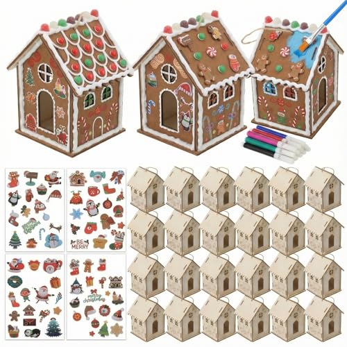 DoubleFill 24 Pack Wood Gingerbread House DIY Craft Kit for Kids DIY Christmas Village Houses to Build & Paint with Watercolor Pens & 3D Puffy Stickers & Jute Twines for Xmas Wood Unfinished Crafts