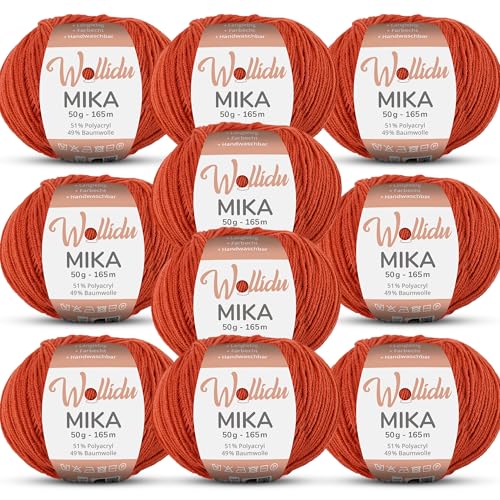 Wollidu Mika 51% Polyacryl 49% Baumwolle zum Häkeln und Stricken 10x 50g/165m Oeko-Tex Strickgarn Häkelgarn - Herbstrot