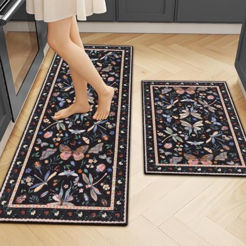 Ileading Kitchen Rugs Sets of 2, Non Slip Washable Kitchen Mats for Floor, Stain Resistant Farmhouse Floor Mat Carpet Runner for Kitchen Sink Office Laundry Hallway, Black 20
