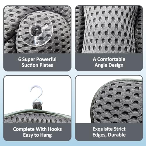 Badkussen, Nekkussen, Badkuipkussen, Ademend 4D Air Mesh Ergonomisch luxe badkussen en 6 zuignappen, badkussen voor badkuip, badkussen voor thuis, ondersteuning, spa (Grijs) - Afbeelding 5