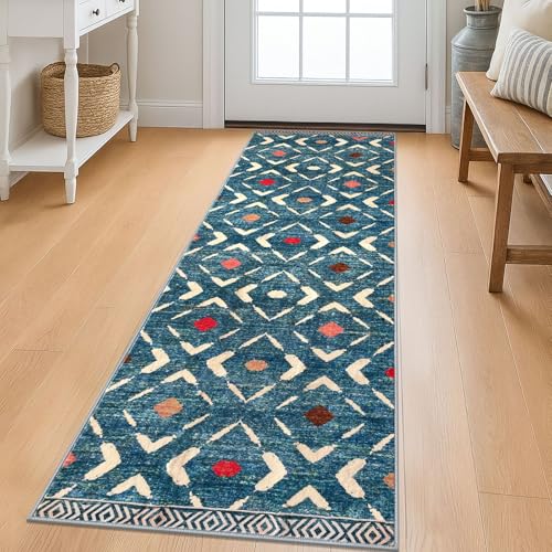 KILOCOCO Kitchen Runner Rug 2x6 Washable Runner Rug Soft Hallway Runners Non Slip Printed Distressed Laundry Room Rugs, Low-Pile Runners for Entryway Bedroom Living Room, Teal/Blue