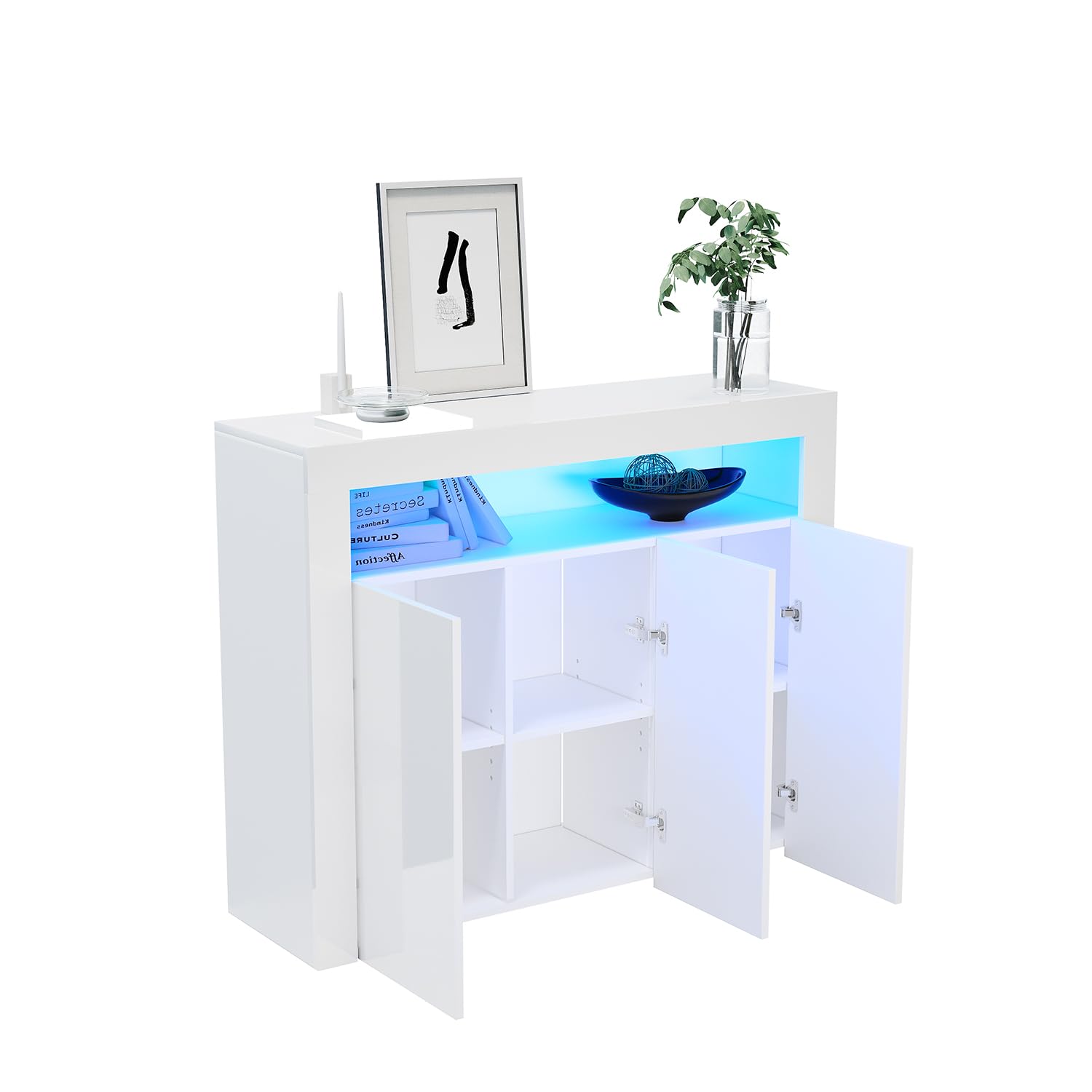 SONNI Groß Sideboard Kommode mit 3 Hochglanz Türen, LED, 116x35x93cm, Weiß | Wohnzimmermöbel, Wohnzimmerschrank, Standschrank, 16 Farben RGB-Funktion mit 4 Grundfarben und 12 Verläufen für Wohnzimmer