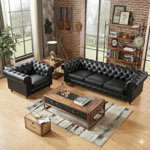 Image of Classic Leatherette Chester Sofa Set Button Tufted, Classic Style Sofa Set for Living Room, Office, and Hallway Colour (Black Leatherette, 3+1=4 Seater Sofa)