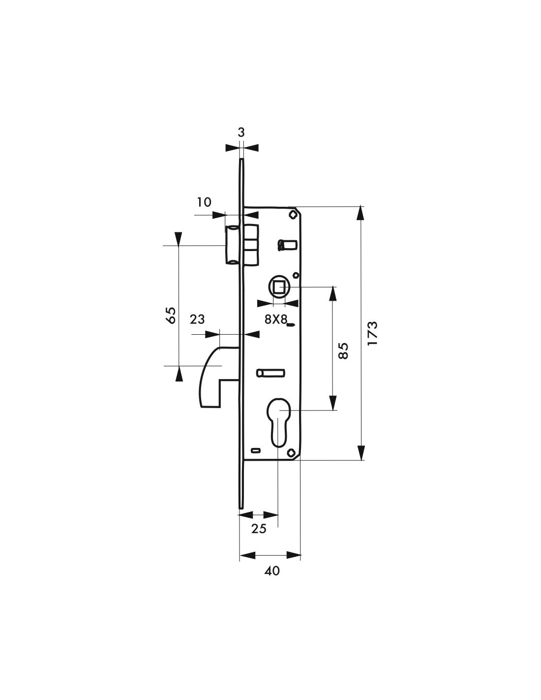 THIRARD - Serrure Encastrable à Crochet avec Cylindre - Axe 25 mm - Pour Porte Métallique - Bouts Carrés - Têtière Acier Nickelé - 3 Clés Incluses - Gris