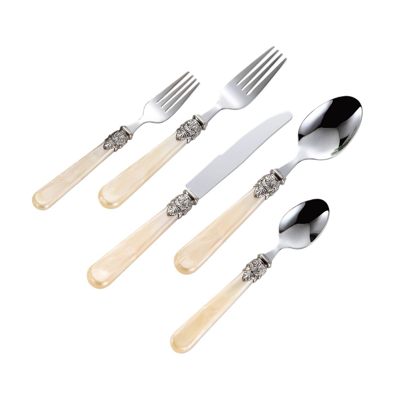 5-teiliges Geschirrset, Acrylgriff, Edelstahlmesser, Gabel, Löffel | Beige
