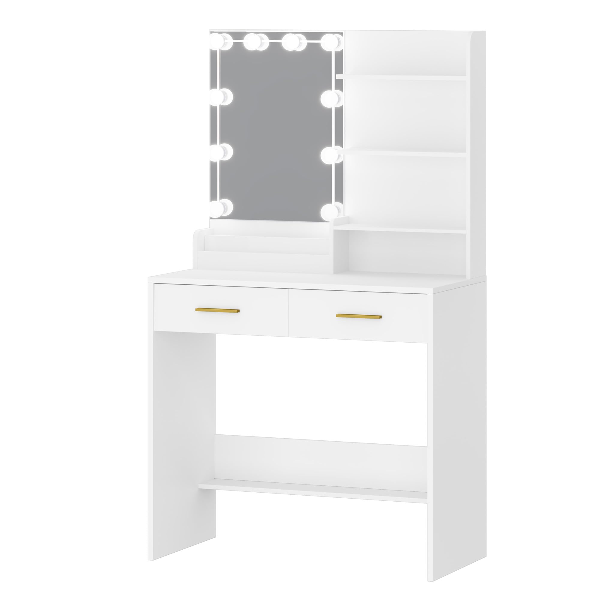 Hzuaneri Toeletta con Lampadina, Tavolo da Trucco, Vanità Per Il Trucco con 4 Ripiani Aperti e 2 Scomparti, Tavolino da Toeletta con 2 Cassetti, Bianco DT39203X