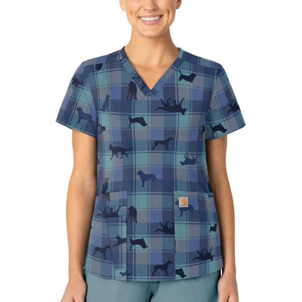 Carhartt Scrubs C13414 Women's Modern Fit V-Neck Print Scrub Top - X-Large Regular - Faithful Friends Navy