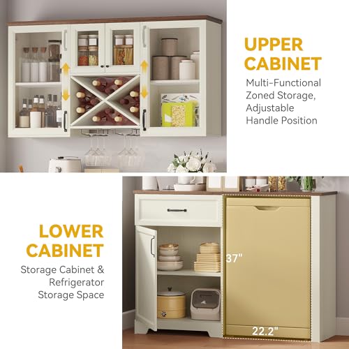 DWVO Coffee Bar Cabinet with Mini Fridge Space Storage & Charge Station, Wall-Mounted Kitchen Pantry Cabinets with Glass Doors & Wine Storage & Glass Racks for Home Living Dining Room, White Walnut