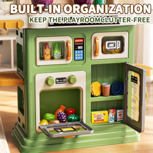 Image of Kids Kitchen Playset, 31.5 inch 73PCS Play Kitchen for Toddlers 1-3, with Steam, Sound & Light, Cooking Stove, Play Sink, Oven, Play Food and Toy Kitchen Accessories, Pretend Play Toys for Girls Gift