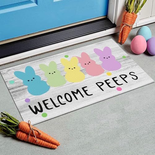 Easter Door Mat Rabbit Welcome Doormat Indoor Outdoor Entrance Non Slip Floor Mats for Vintage Rustic Yard Home Party Decor 17 X 29 Inch