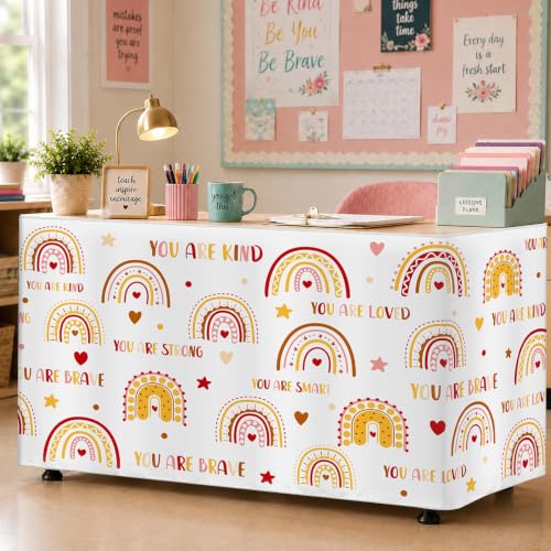 Image of 6FT Boho Rainbow Table Skirt Colorful Teacher Desk Skirt Classroom Desk Skirts for Back to School Decor Classroom Table Skirts for Back to School Supplies Office Bookcase Cabinet Decorations