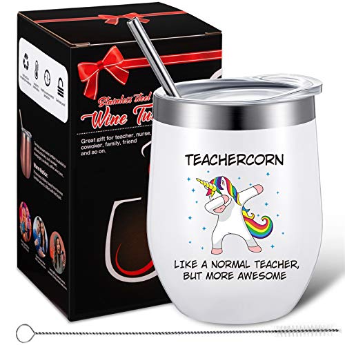 Patelai Teachercorn Funny Coffee Mug, Unicorn Teacher Appreciation Gift For Teacher's Day Birthday Graduation, 12 Oz Stainless Steel Wine Tumble With Lid Straw And Brush (White) #TOP13
