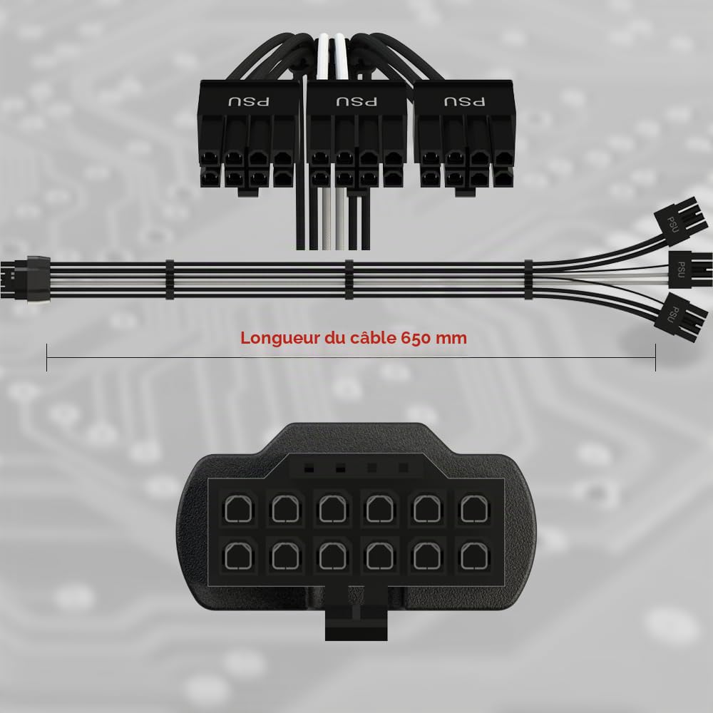 LINKUP - AVA PCIE 5.0 Câble Moulé & Soudé 16 broches (12+4) vers 3x8 broches| 16AWG Gainé |Compatible avec carte graphique RTX50 RTX40 RTX30 FE |Conçu pour les alimentations Corsair/ThermalTake| 70 cm