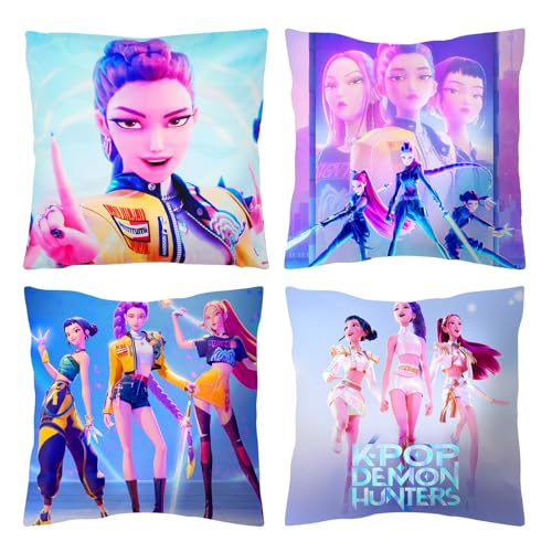 4Pack Demon Hunters Pillow Covers 18 x 18 4 Unique Designs Soft Polyester Decorative Pillowcases for Home Fans Gifts