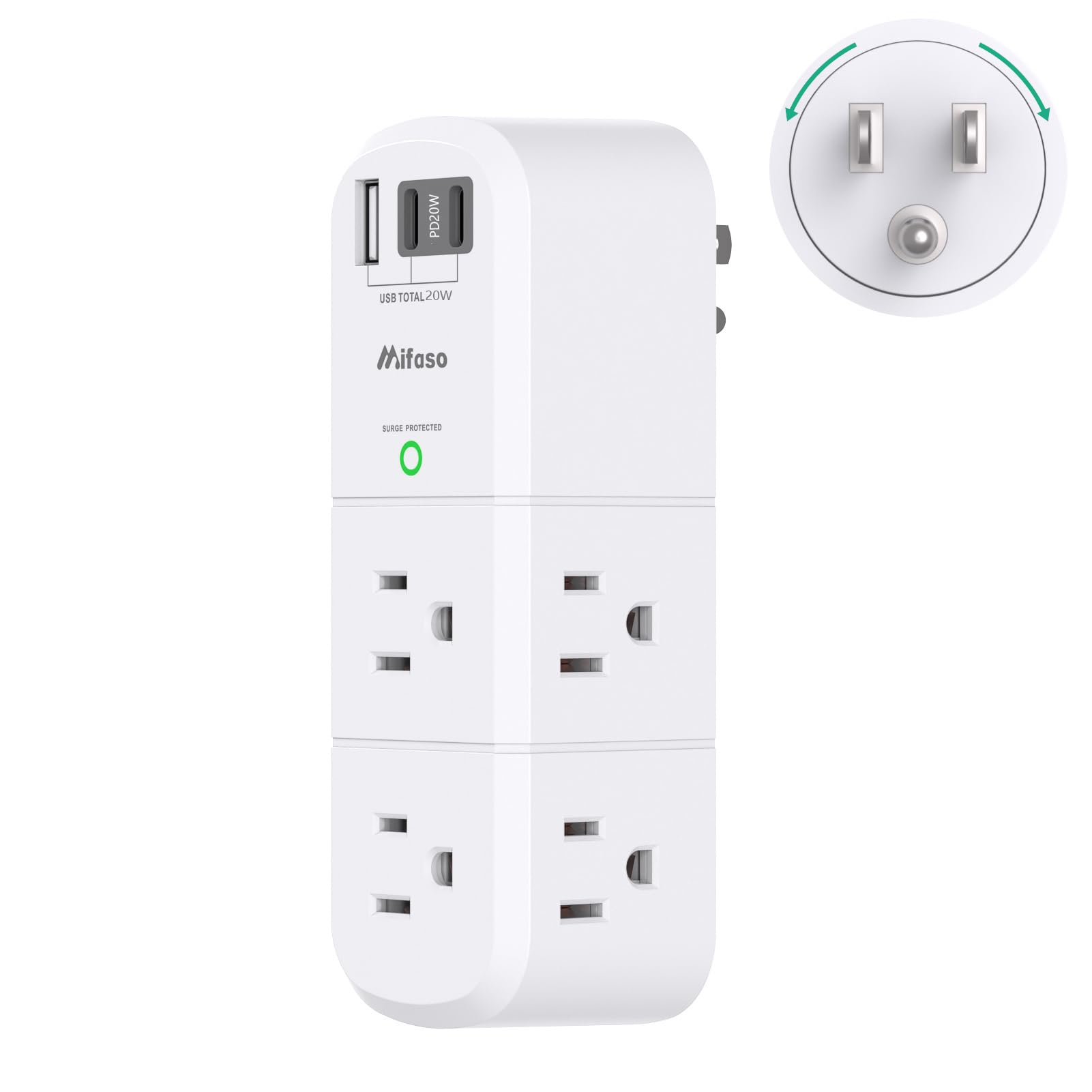 PD20W USB Outlet Extender Surge Protector - with Rotating Plug, 6 AC Multi Plug and 3 USB Ports (2 C), 3-Sided Swivel Power Strip Spaced Splitter for Home, Office, Travel