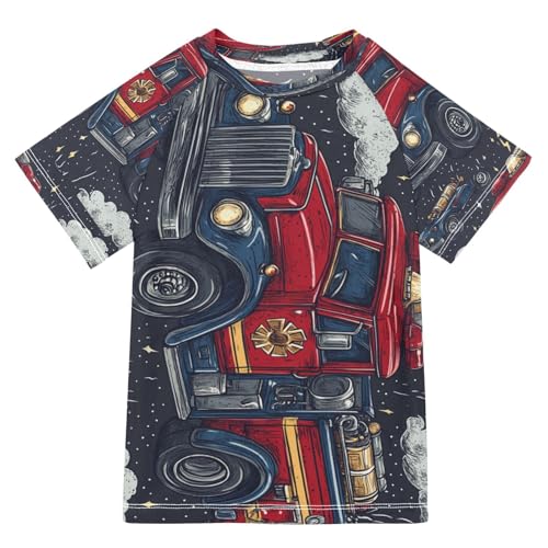 Boys Short Sleeve T-Shirts Cartoon Fire Engine Rashguard Kids Swim Shirts Sun UPF 50+ Multicoloured - Main Image