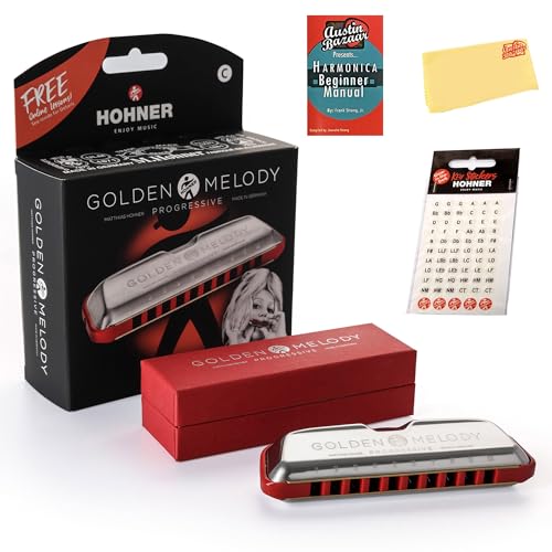 Hohner Golden Melody Harmonica - Key of C Bundle with Key Stickers, Plastic Case, Instructional Manual, and Austin Bazaar Polish