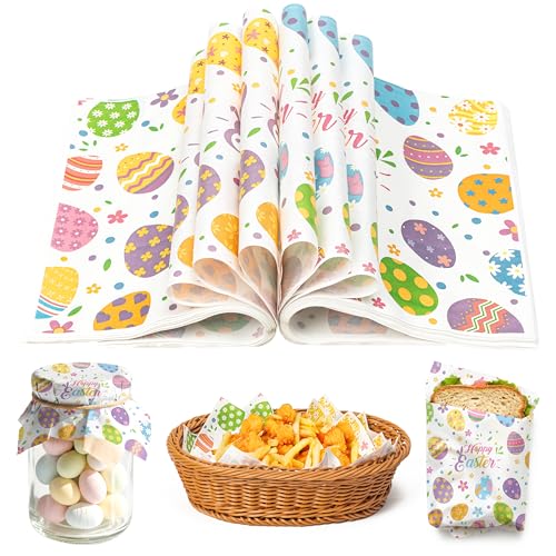 GROBRO7 Easter Wax Paper Sheet - 150Pcs Easter Egg Bunny Flower Pattern Deli Papers, 9.8 x 8.3in Greaseproof Waterproof Disposable Food Wrap for Picnic Basket Liner Kitchen Bake Party Supplies