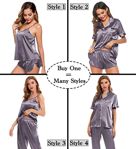 Image of SWOMOG Womens Silk Satin Pajamas Sets 4pcs Sleepwear Sexy Cami Shorts Set and Button Down Short Sleeve Pjs Loungewear Chestnut Large
