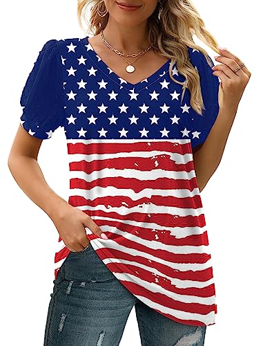 Image of Aokosor Womens Summer Tops V Neck T Shirts Swiss Dot Puff Sleeve Tops Loose Casual Tshirts