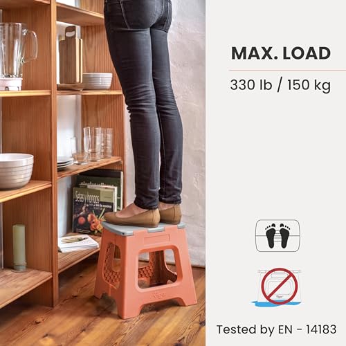 Image of Vigar Compact Folding Step Stool, 12-1 /2 in, Orange | 12-1 /2 in Foldable Stool, Lightweight Portable Design, Handle, Non Slip Surface, Space-Saving, Supports up to 330 lb