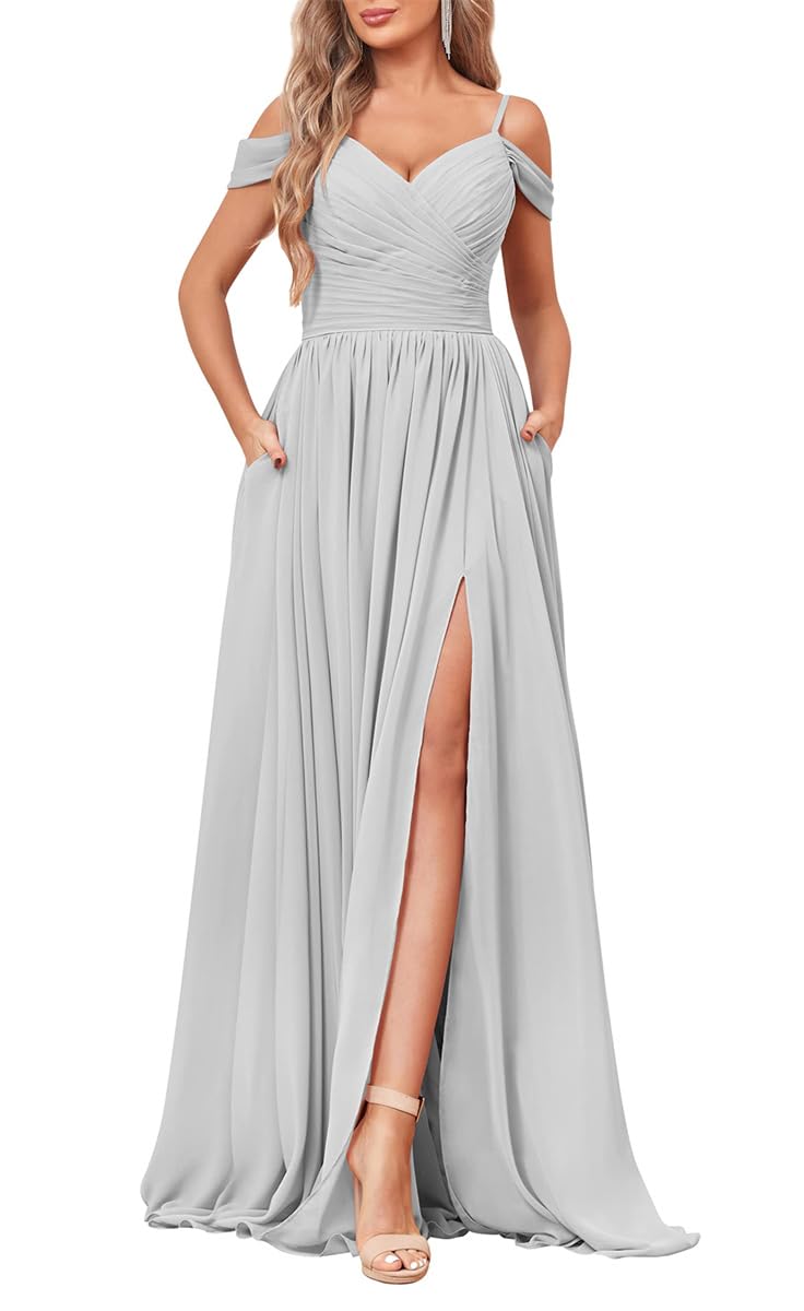 YIANN Bridesmaid Dresses Long Spaghetti Strap Chiffon Silver Maid of Honor Evening Dress Formal Gown with Pockets UK20