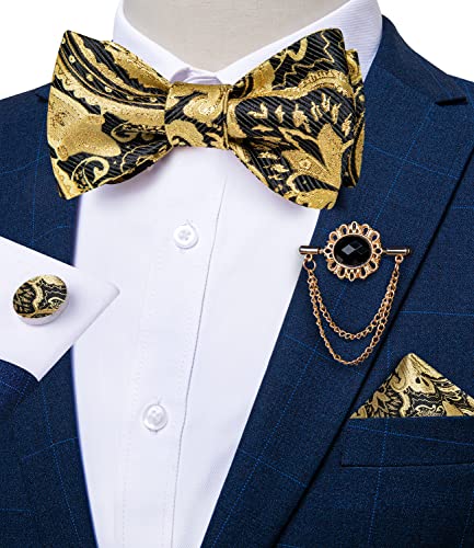 Image of DiBanGu Silk Woven Bowtie Mens Self Bow Tie Set with Lapel Pin