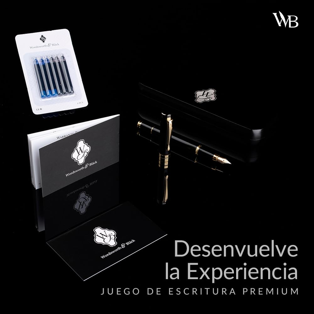 Wordsworth and Black's Pluma de caligrafía - Pluma estilográfica de madera de bambú - Convertidor de tinta recargable - escribir en diario, dibujar (Madera negra, estuche [punta mediana])