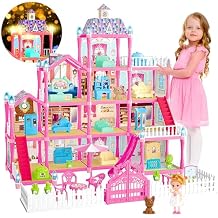 OCTERIC Doll House for Girls,13 Rooms Dollhouse with 2Dolls Figure, Lights, Puppies,Furnitures, Accessories, Toddler Playhouse Gift for for 3 4 5 6 7 8 9 10 Year Old Girls Toys Pink