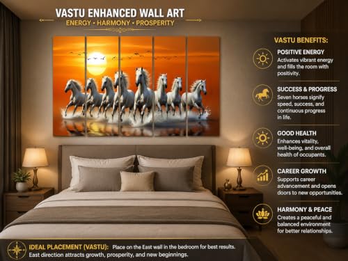 Image of Kyara arts 7 Running Horses Wall Painting for Living Room | Vastu Feng Shui Wall Art | Premium Multi Panel Horse Painting for Home, Office & Hall | Symbol of Success, Prosperity & Positive Energy (50inchx30inch)