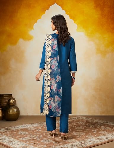 Image of Amazon Brand - Myx Women Kurta Pant Set with Embroidered Organza Dupatta | Viscose,Rayon (Available in Plus Sizes)