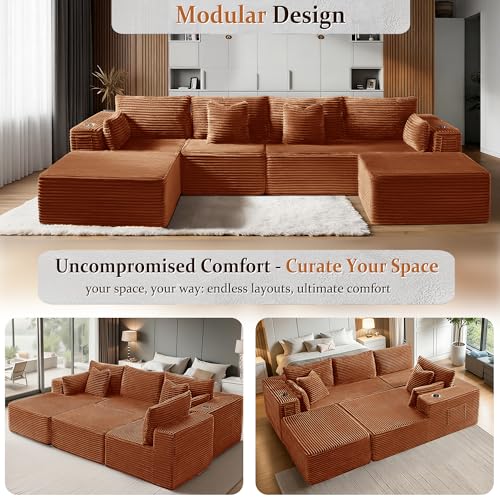 Image of 138 inch Cloud Sectional Couch, Comfort U Shaped Boneless Couch for Living Room, Extra Deep Seats No Assembly, Minimalist Modular Sofa, Corduroy (Deep Orange, 3 Seater+Left Facing Chaise+Ottoman)