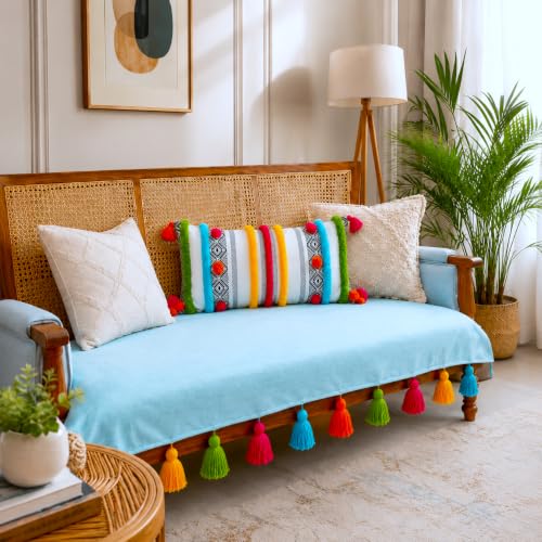 WWW.THROWPILLOW.IN Blue 3 Seater Sofa Cover with Tassels |Three Seater Anti-Slip 3 Seater with Tassels|Sofa Throws for 3 Seater:Seat Cover-Fits 3 Seater Sofa Seat Tassel Sofa Throw