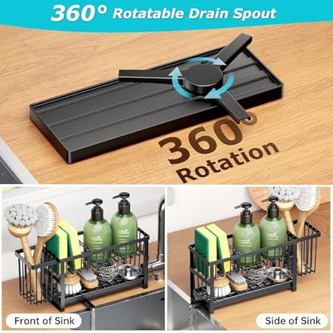 Sponge Holder for Kitchen Sink, 2 Tier Sink Caddy Organizer Countertop with Dish Brush Holder and 360¡ã Drain Tray, Rustproof Stainless Steel Dish Soap Storage Rack Set for Accessories
