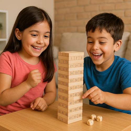 Image of Mrsdry 54 Blocks Wooden Tumbling Tower Game - Indoor Stacking Puzzle Blocks for Kids, Adults & Families - Fun Balancing Toy for Boys & Girls of All Ages - Party Game & Brain Teaser
