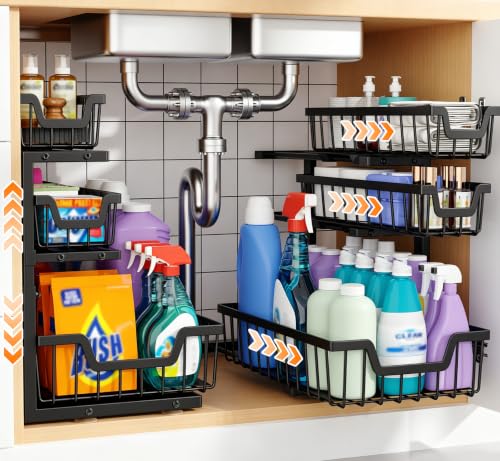 Under Sink Organizer, 2-Pack 3-Tier Height Adjustable Thickened Metal Pull out Cabinet Organizer Shelf, Slide out Storage Drawer Rack for Bathroom Kitchen Pantry Home Laundry Organization (Black) - image 1