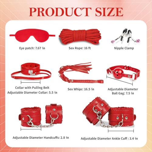 Image of BDSM Bondage Sex Toys Restraints - 8 Kit Gear for Ball Gag Sex Whip Cuffs Rope Collar Blindfold Leash (Red)